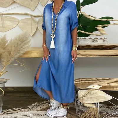 Lea | Abito lungo effetto jeans con spacchi laterali