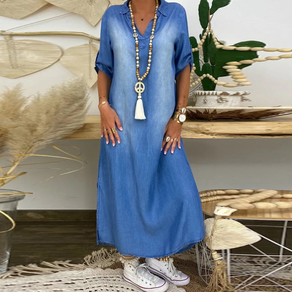 Lea | Abito lungo effetto jeans con spacchi laterali