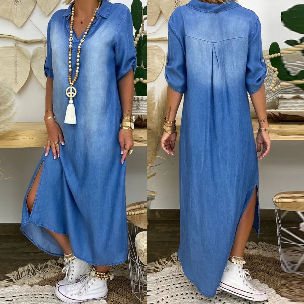 Lea | Abito lungo effetto jeans con spacchi laterali
