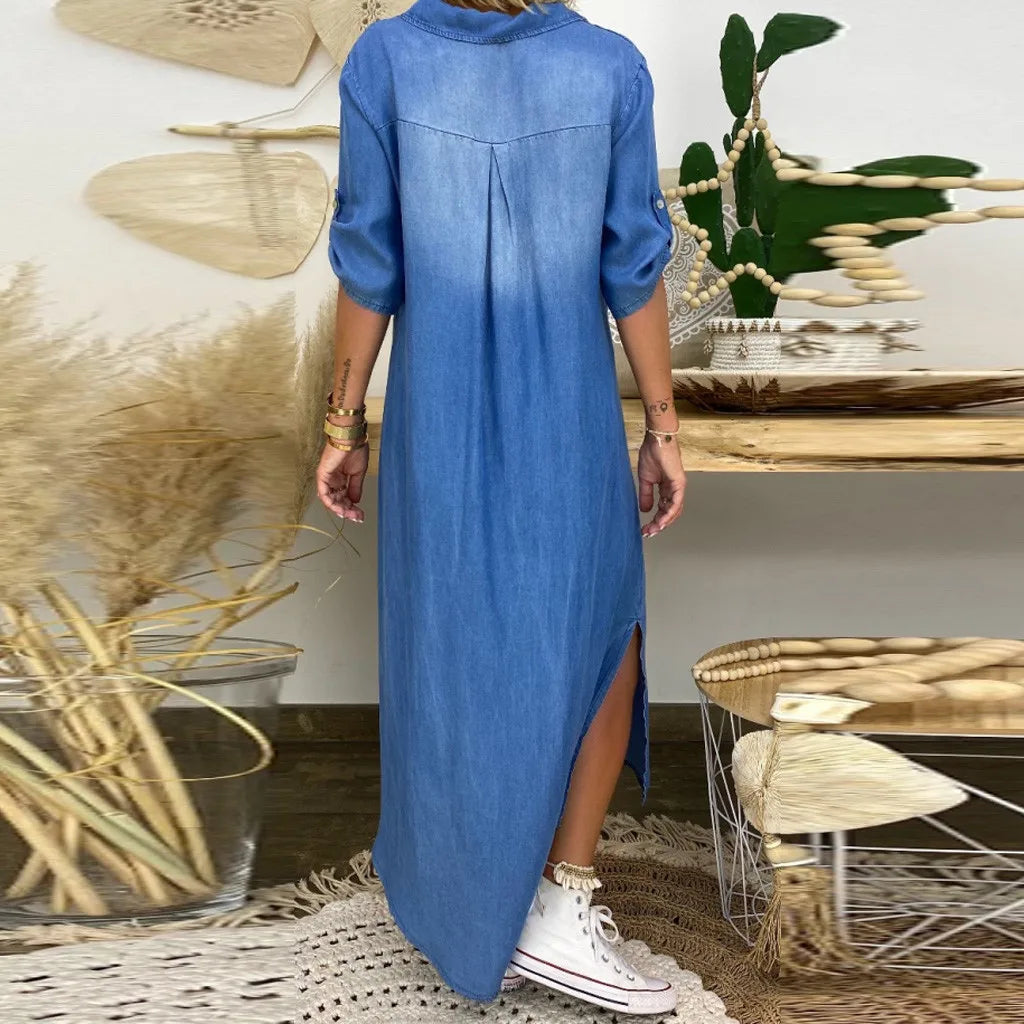 Lea | Abito lungo effetto jeans con spacchi laterali